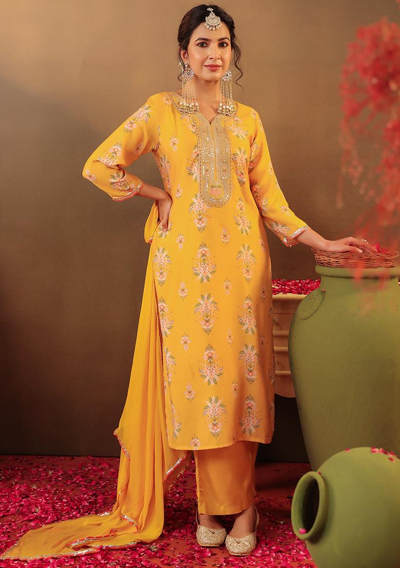 Mustard Floral Chanderi Silk Kurta Set With Dupatta - Indya