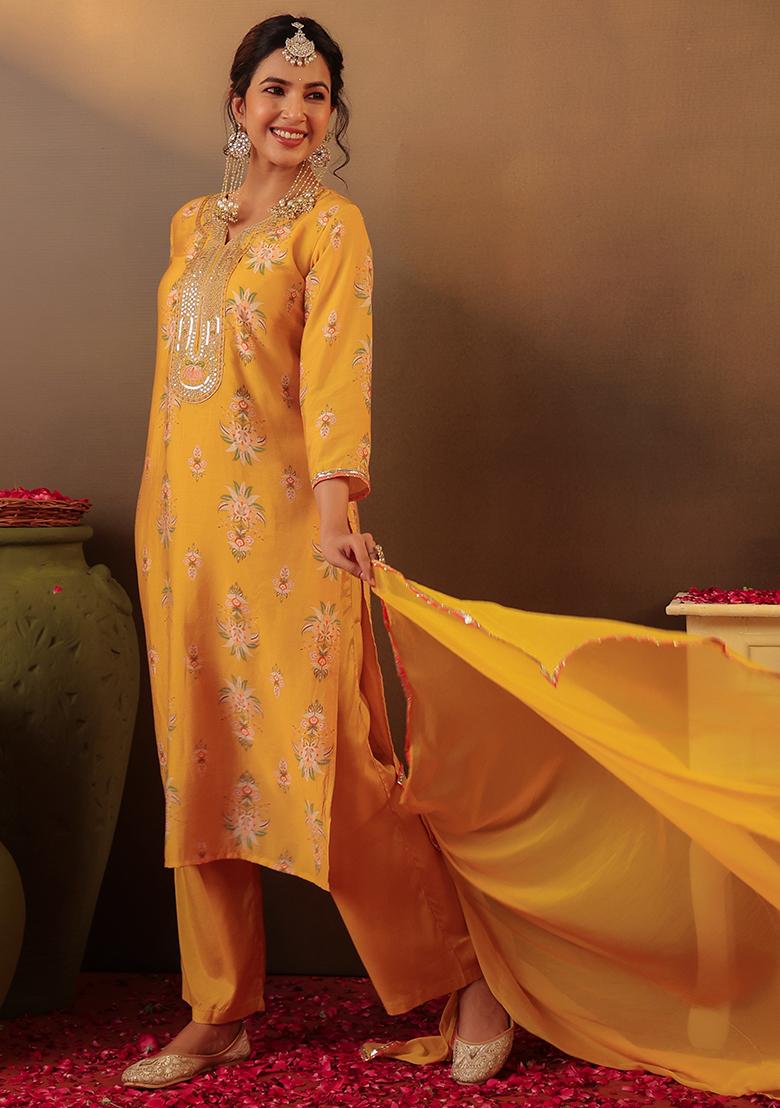 Mustard Floral Chanderi Silk Kurta Set With Dupatta - Indya