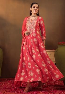 Coral Embroidered Chanderi Silk Anarkali Set With Dupatta