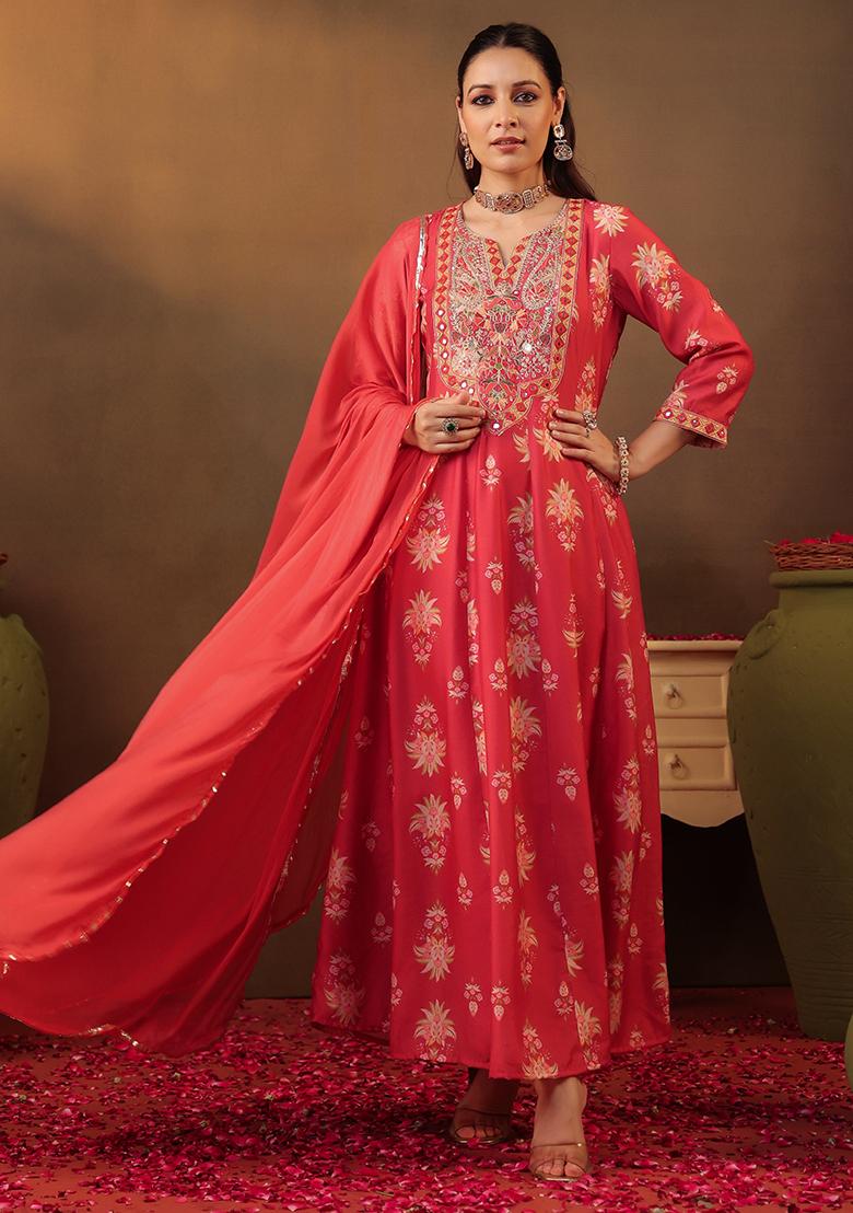 Coral Embroidered Chanderi Silk Anarkali Set With Dupatta - Indya