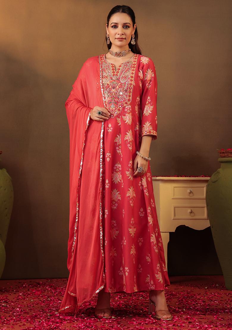 Coral Embroidered Chanderi Silk Anarkali Set With Dupatta - Indya