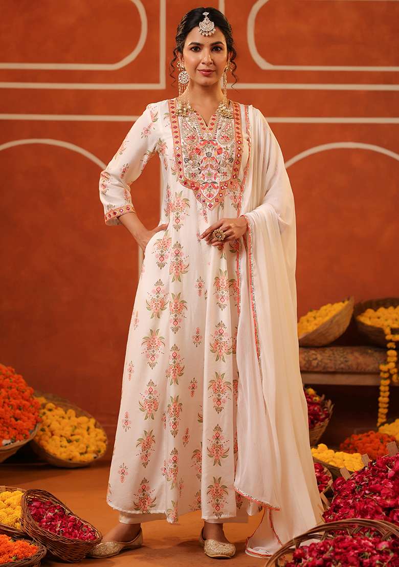Ivory Printed Silk Blend Anarkali With Dupatta - Indya