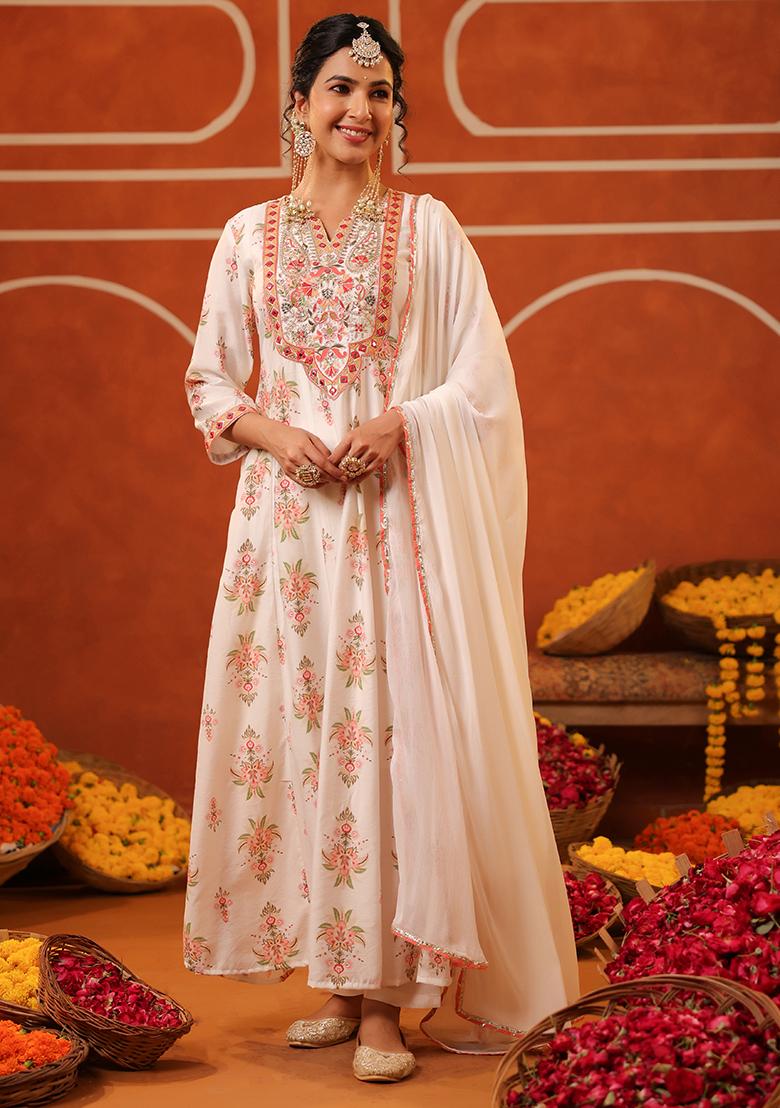 Ivory Embroidered Chanderi Silk Anarkali Set With Dupatta - Indya