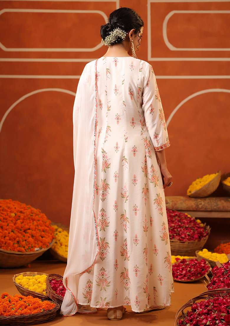 Ivory Printed Silk Blend Anarkali With Dupatta - Indya