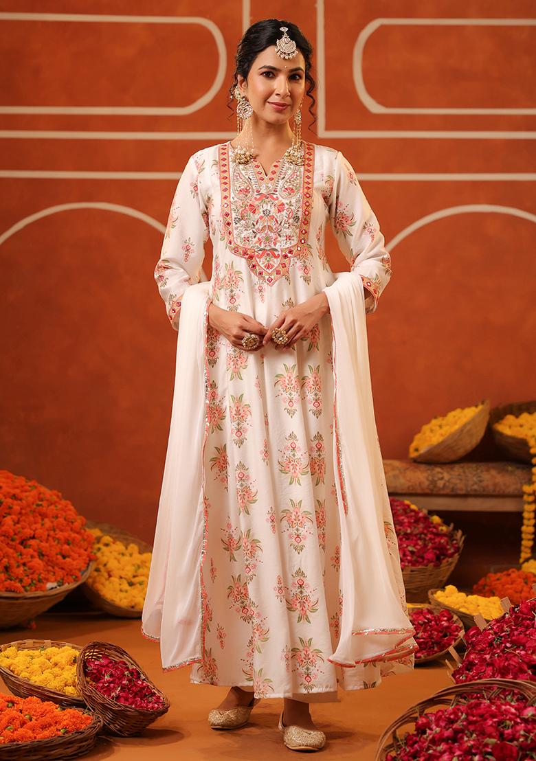 Ivory Embroidered Chanderi Silk Anarkali Set With Dupatta - Indya