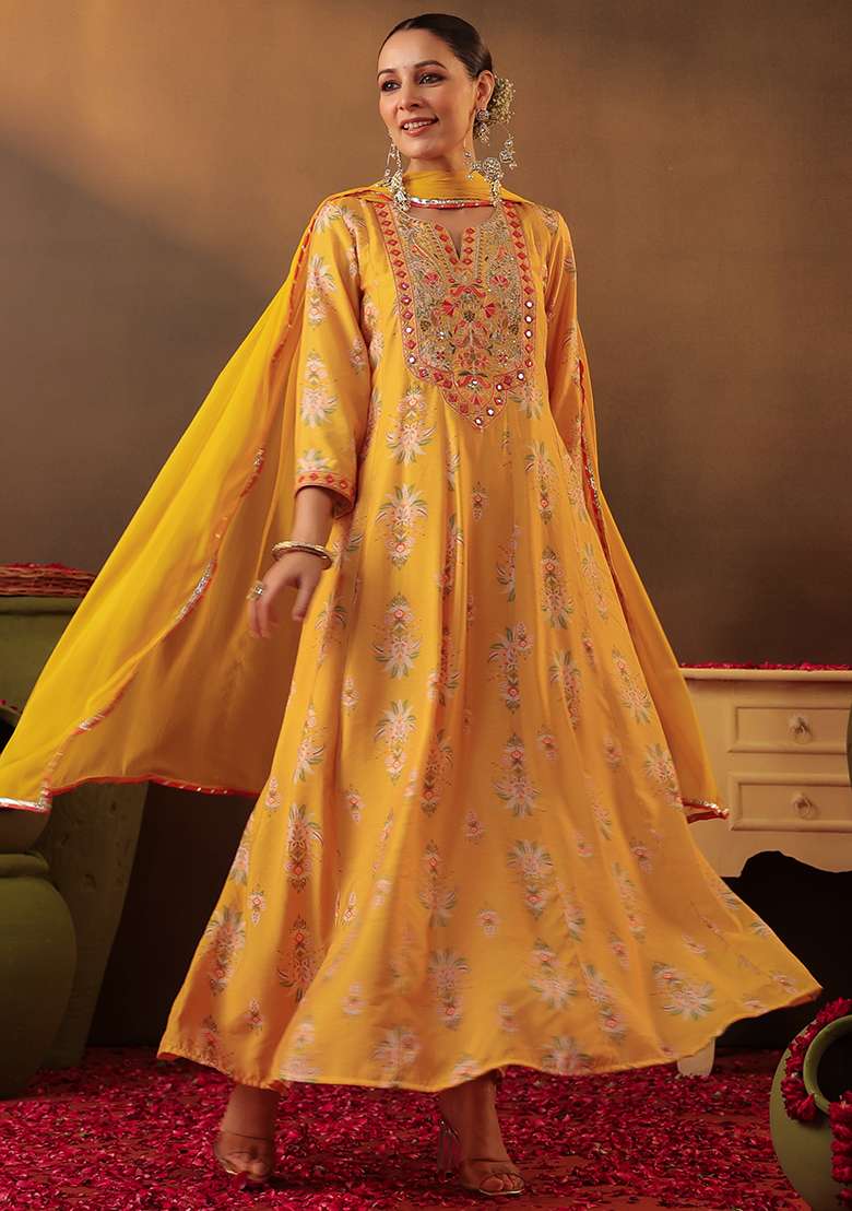 Mustard Embroidered Silk Blend Anarkali With Dupatta - Indya