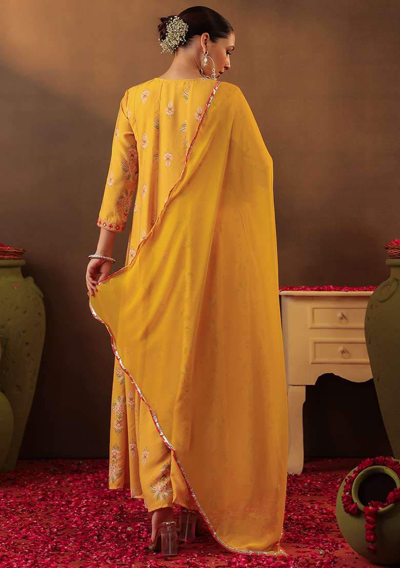 Mustard Embroidered Silk Blend Anarkali With Dupatta - Indya