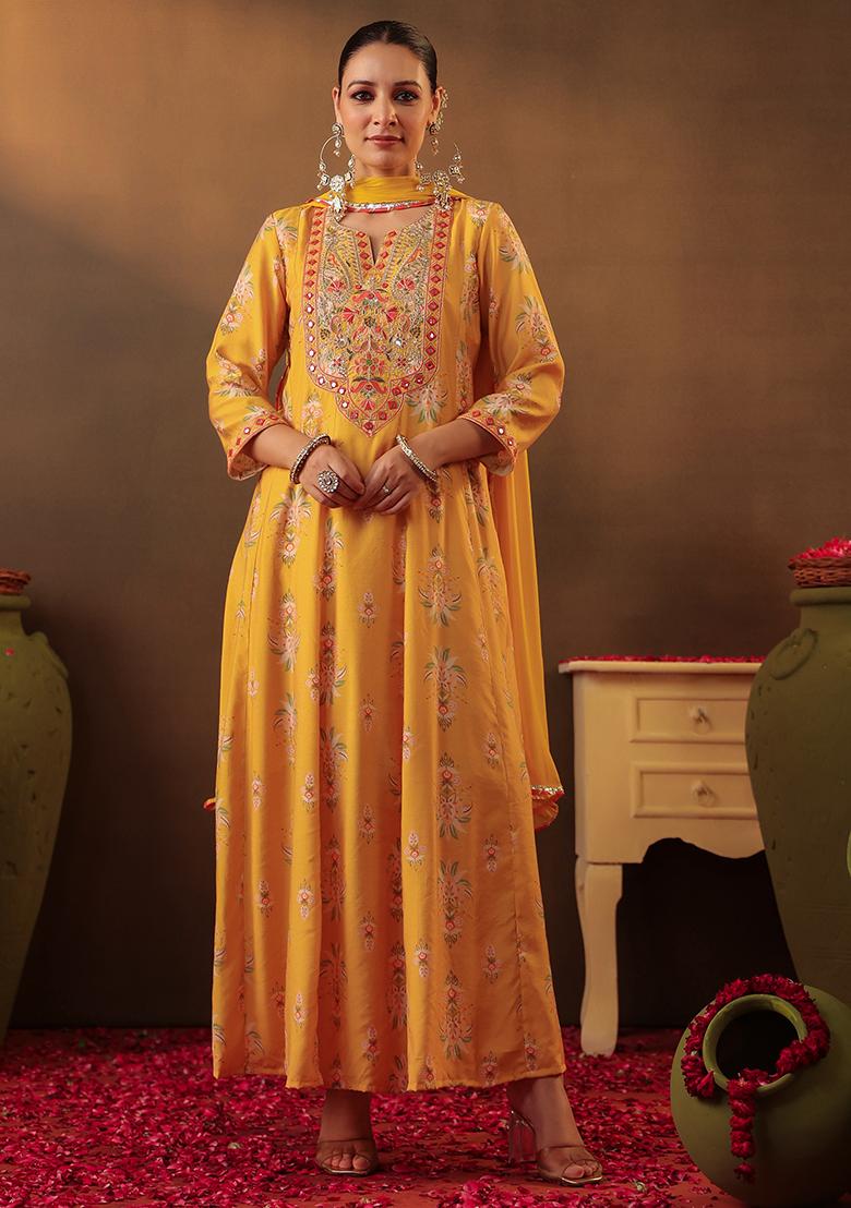 Mustard Embroidered Chanderi Silk Anarkali Set With Dupatta - Indya