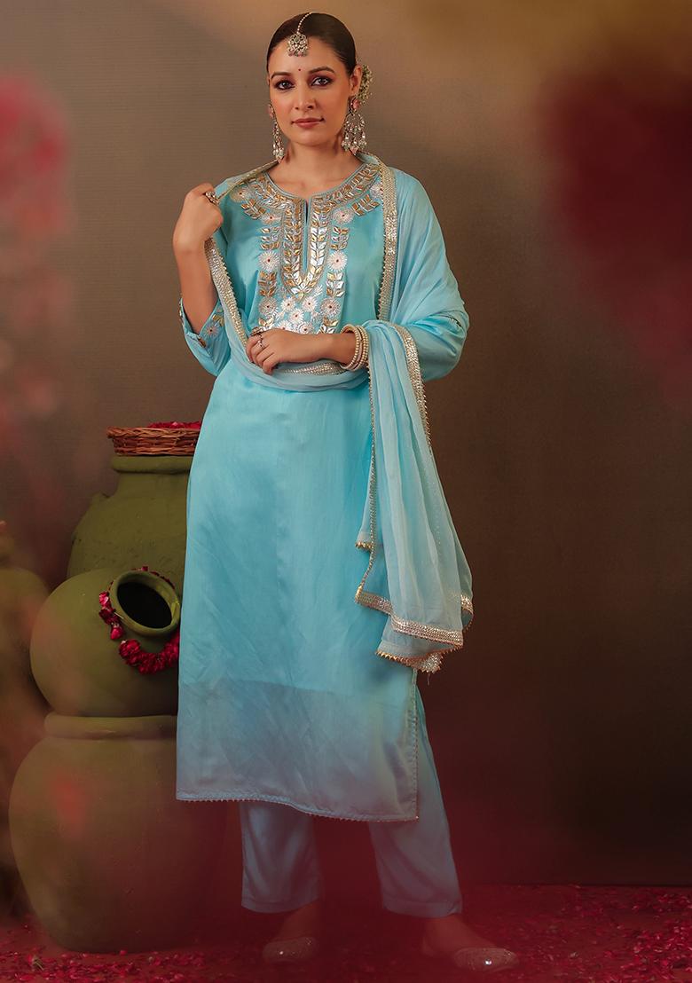 Aqua Gota Work Chanderi Silk Kurta Set With Dupatta - Indya