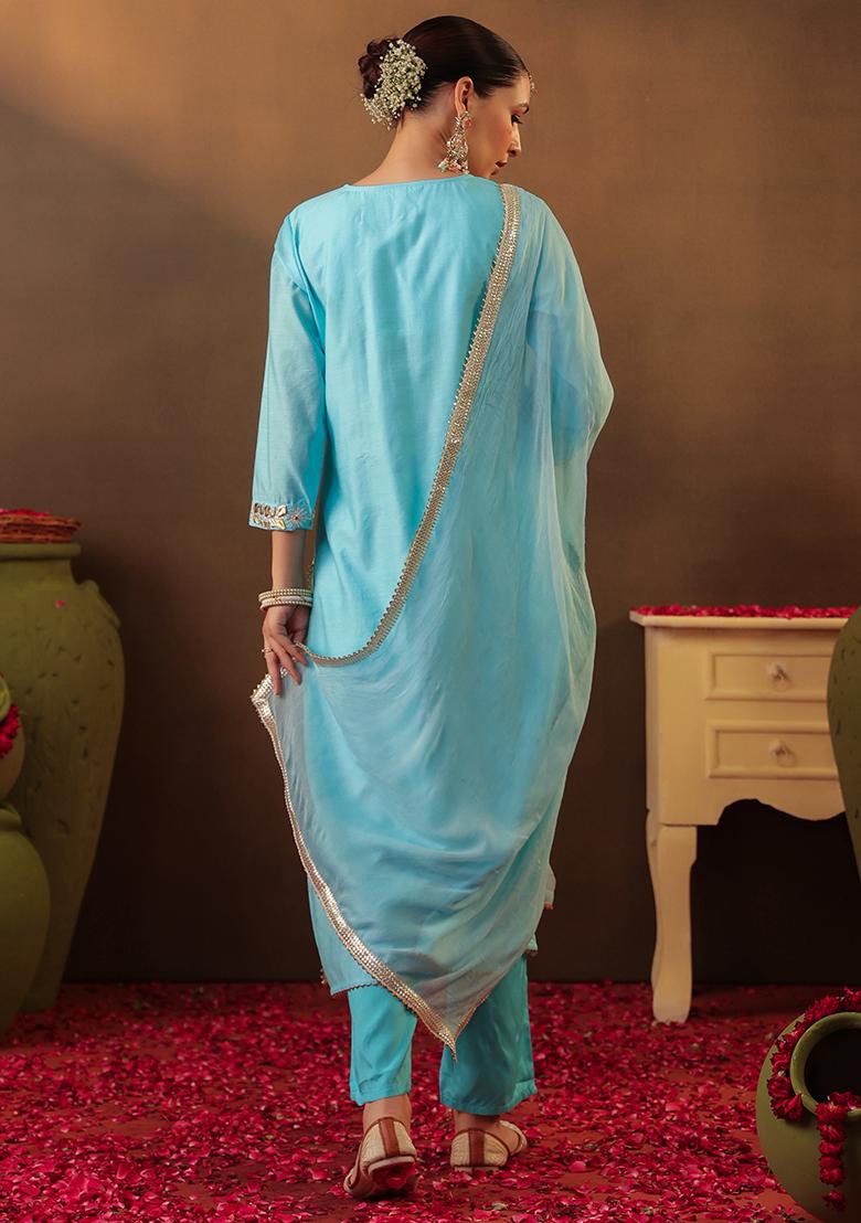 Aqua Gota Work Chanderi Silk Kurta Set With Dupatta - Indya
