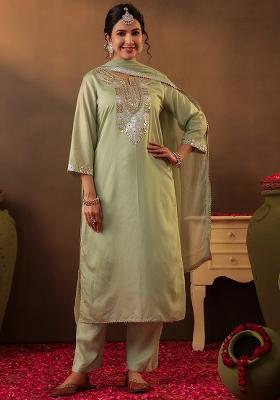 Pista Green Gota Work Chanderi Silk Kurta Set With Dupatta