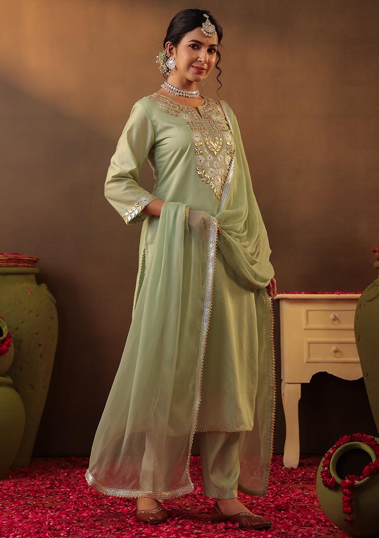 Pista Green Gota Work Chanderi Silk Kurta Set With Dupatta - Indya