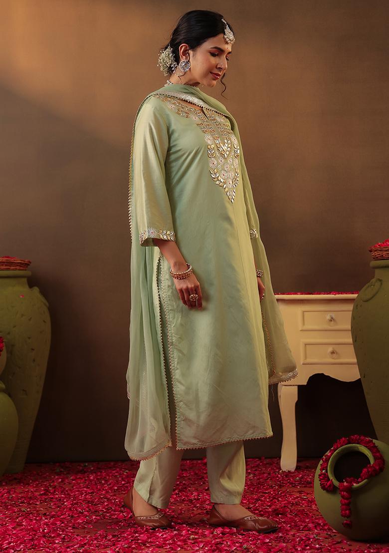 Pista Green Gota Work Chanderi Silk Kurta Set With Dupatta - Indya