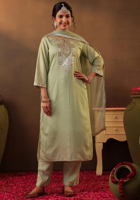 Pista Green Embroidered Chanderi Pakistani Suit Set