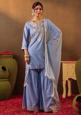 Powder Blue Gota Work Chanderi Silk Sharara Set With Dupatta