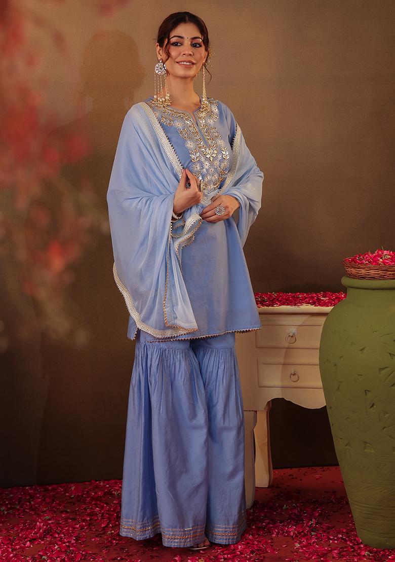 Powder Blue Gota Work Chanderi Silk Sharara Set With Dupatta - Indya