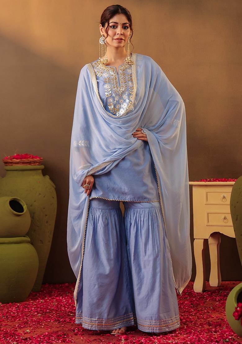 Powder Blue Gota Work Chanderi Silk Sharara Set With Dupatta - Indya
