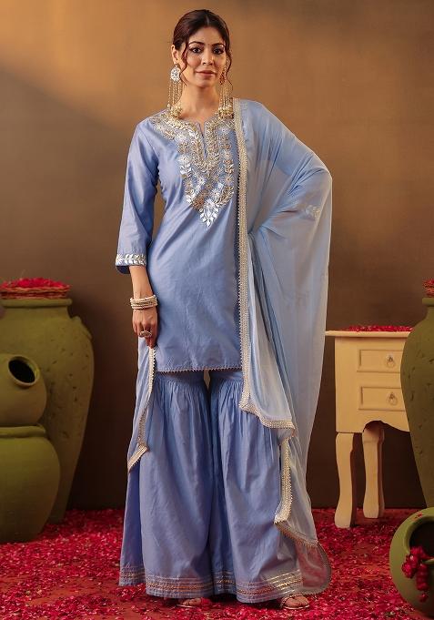 Powder Blue Gota Work Chanderi Silk Sharara Set With Dupatta