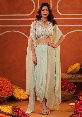 Mint Embroidered Crepe Silk Fusion Set