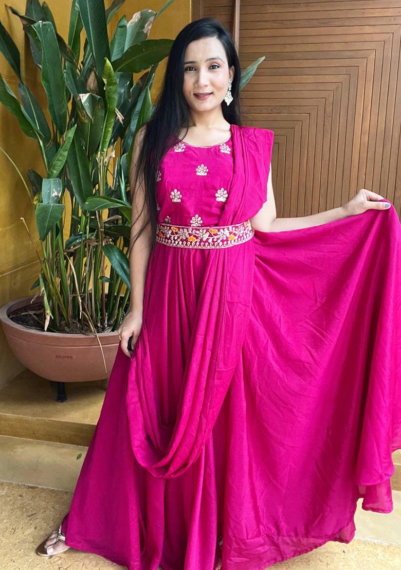 Pink Embroidered Chinon Anarkali Dress - Indya