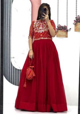 Red Embroidered Faux Georgette Anarkali Dress