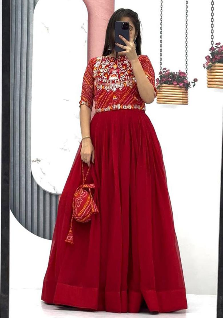 Red Embroidered Faux Georgette Anarkali Dress - Indya