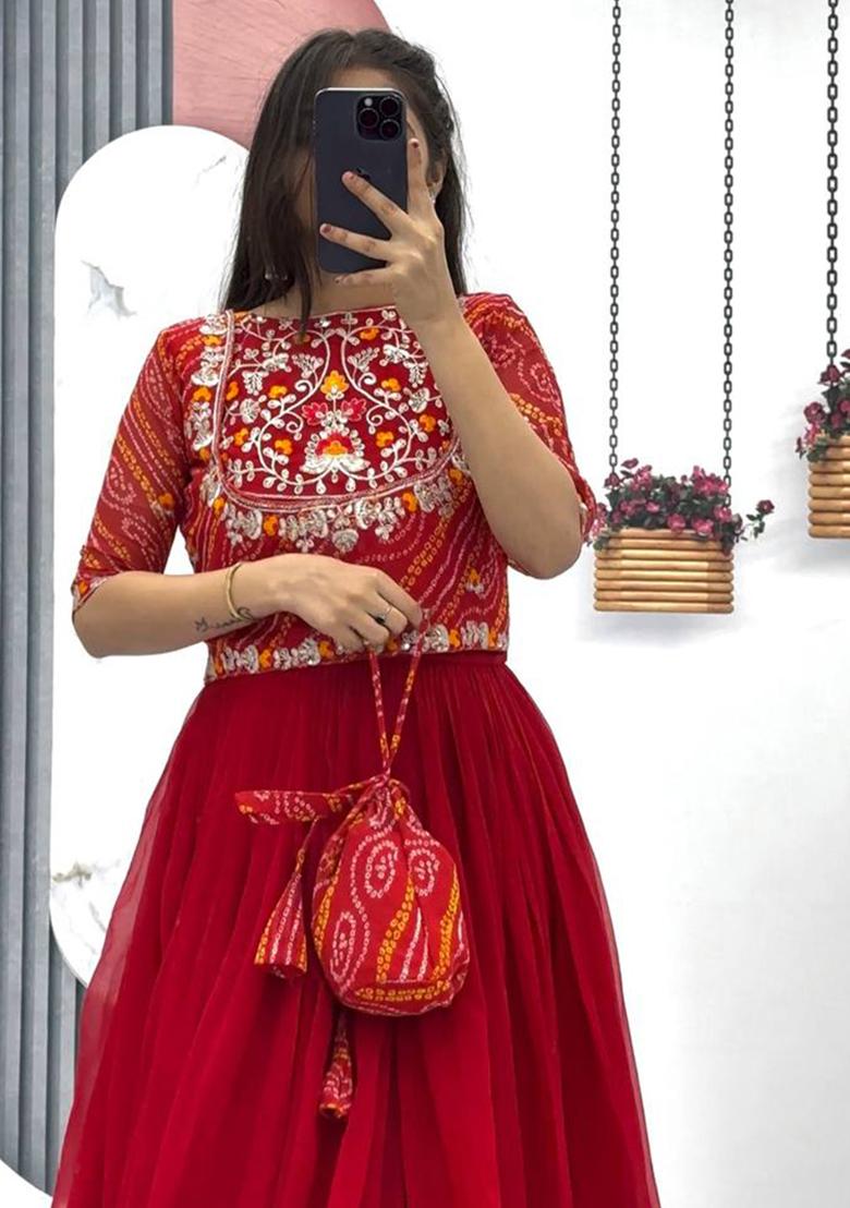 Red Embroidered Faux Georgette Anarkali Dress - Indya