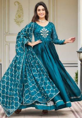 Teal Embroidered Rangoli Silk Anarkali Dress