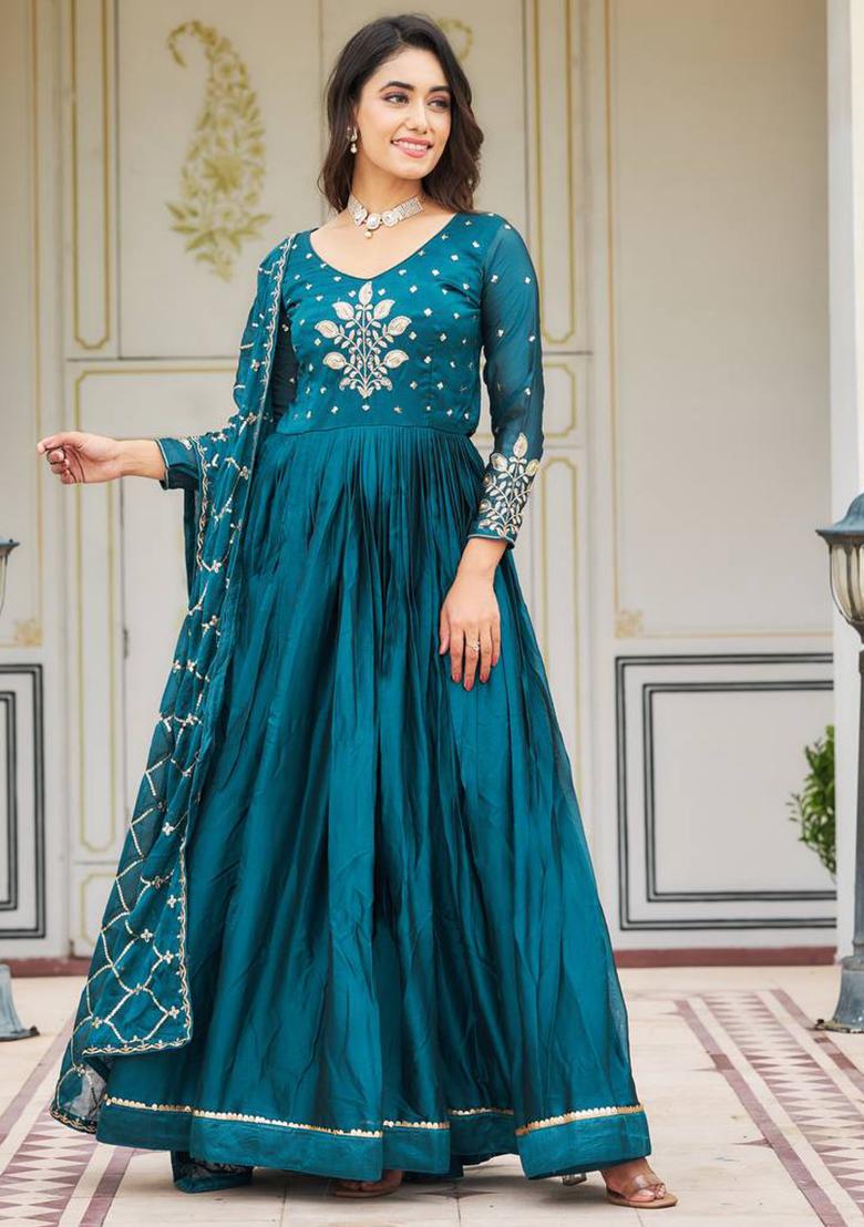 Teal Embroidered Rangoli Silk Anarkali Dress - Indya
