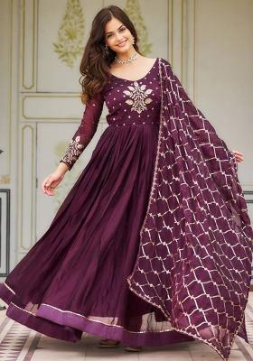 Wine Embroidered Rangoli Silk Anarkali Dress