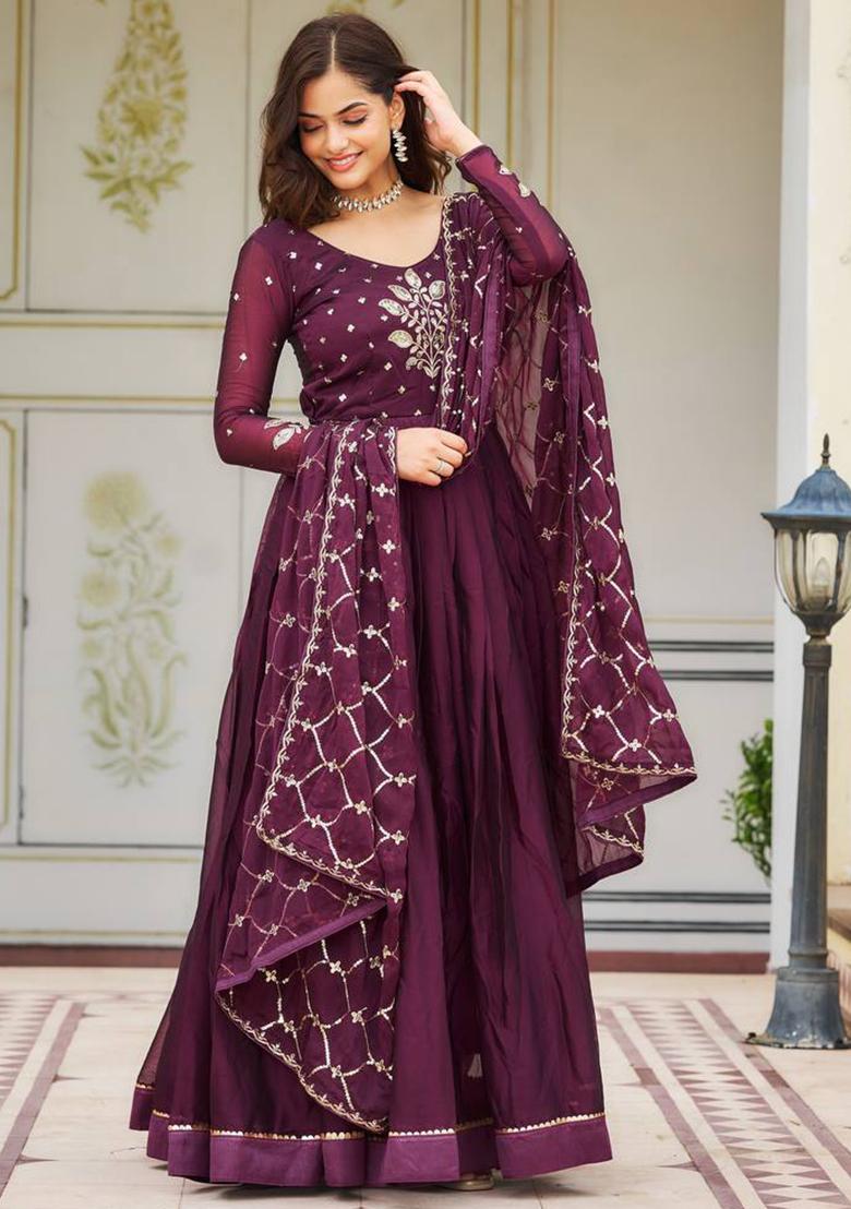 Wine Embroidered Rangoli Silk Anarkali Dress - Indya