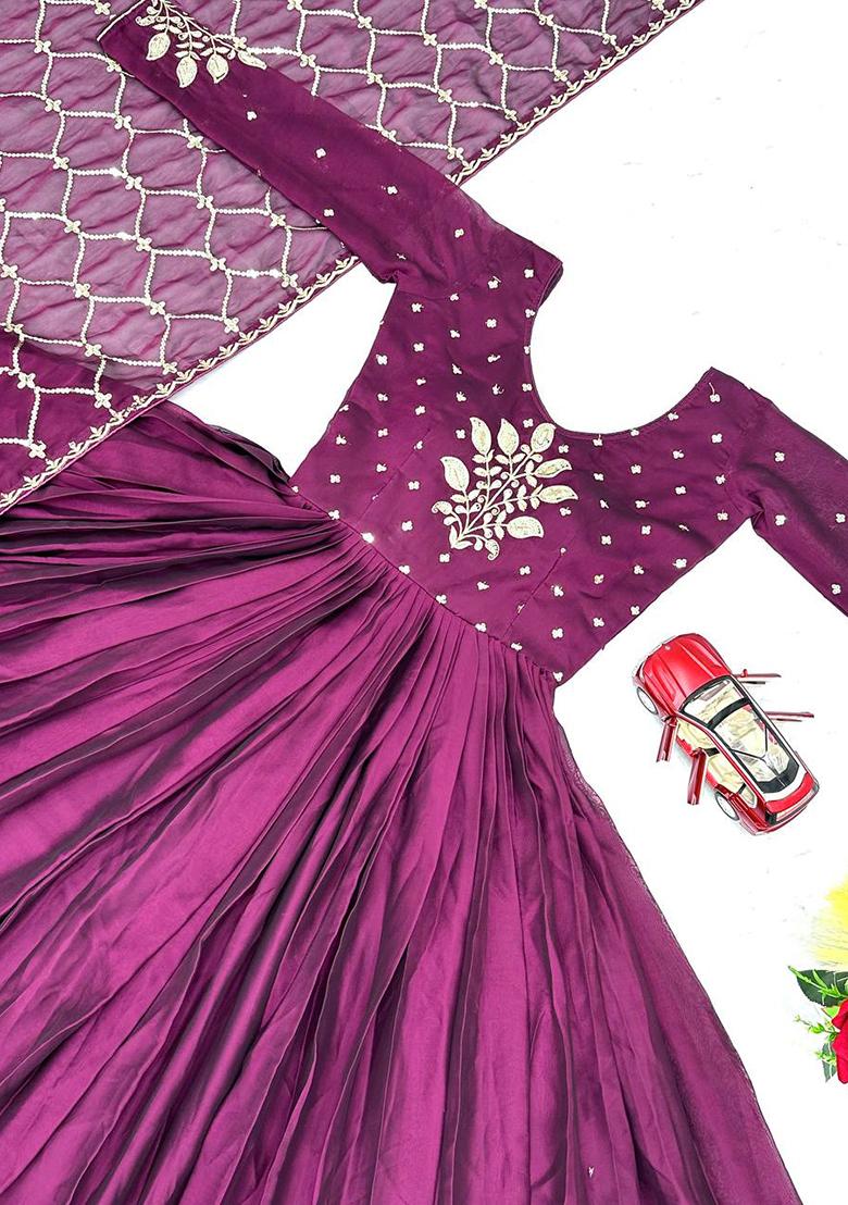 Wine Embroidered Rangoli Silk Anarkali Dress - Indya