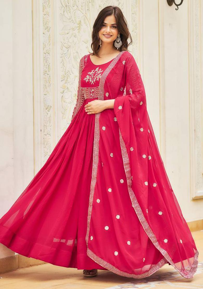 Pink Embroidered Faux Georgette Anarkali Dress - Indya