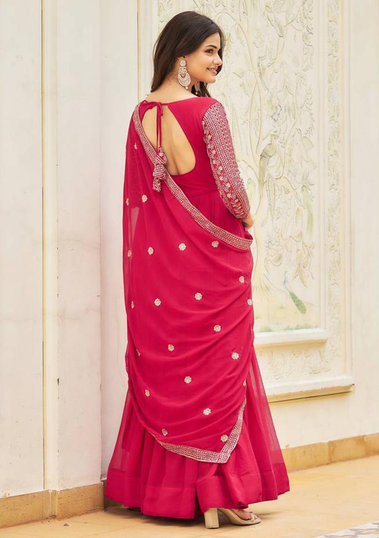 Pink Embroidered Faux Georgette Anarkali Dress - Indya