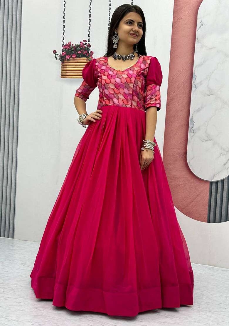 Pink Printed Faux Georgette Anarkali Dress - Indya