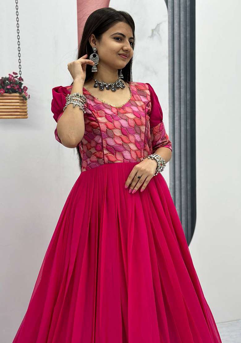 Pink Printed Faux Georgette Anarkali Dress - Indya