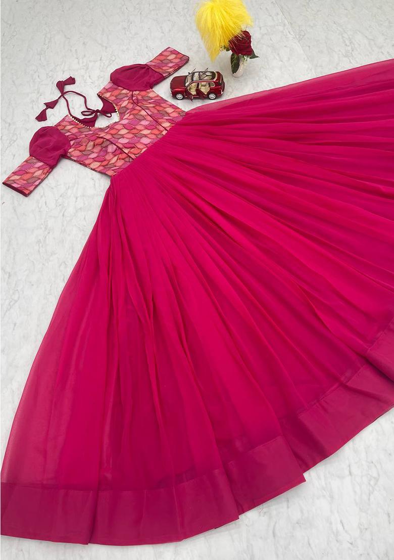 Pink Printed Faux Georgette Anarkali Dress - Indya