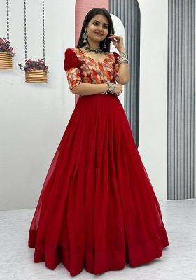 Red Printed Faux Georgette Anarkali Dress
