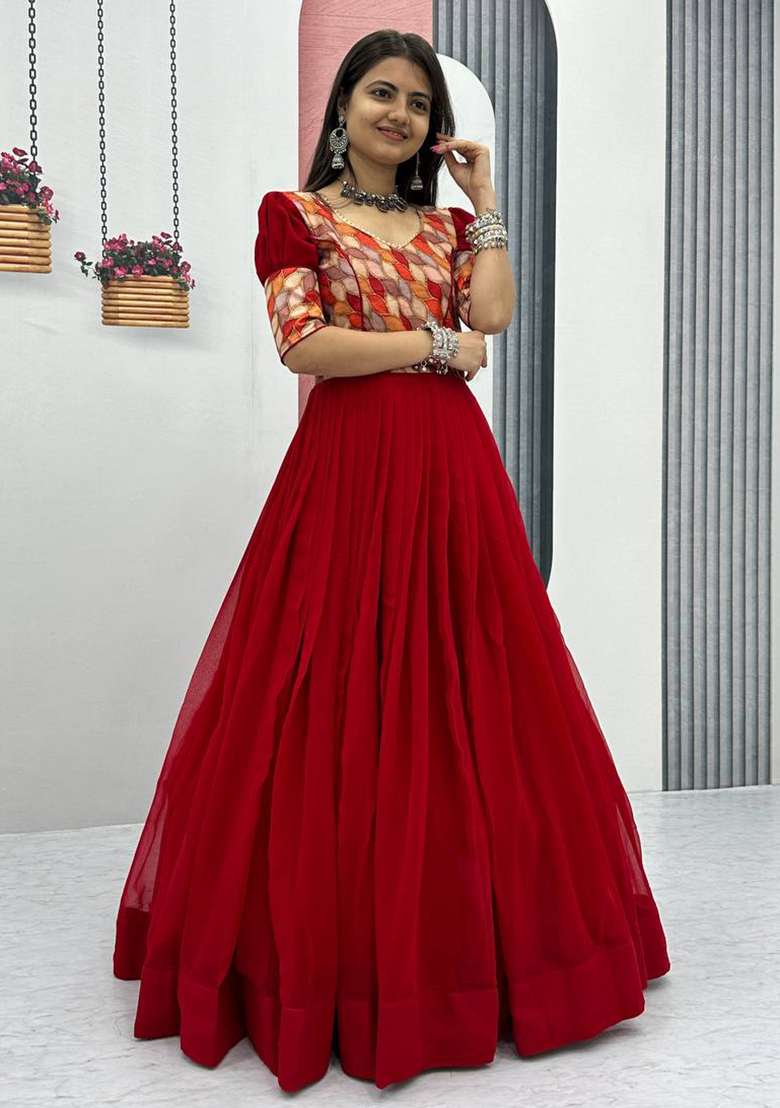 Red Printed Faux Georgette Anarkali Dress - Indya