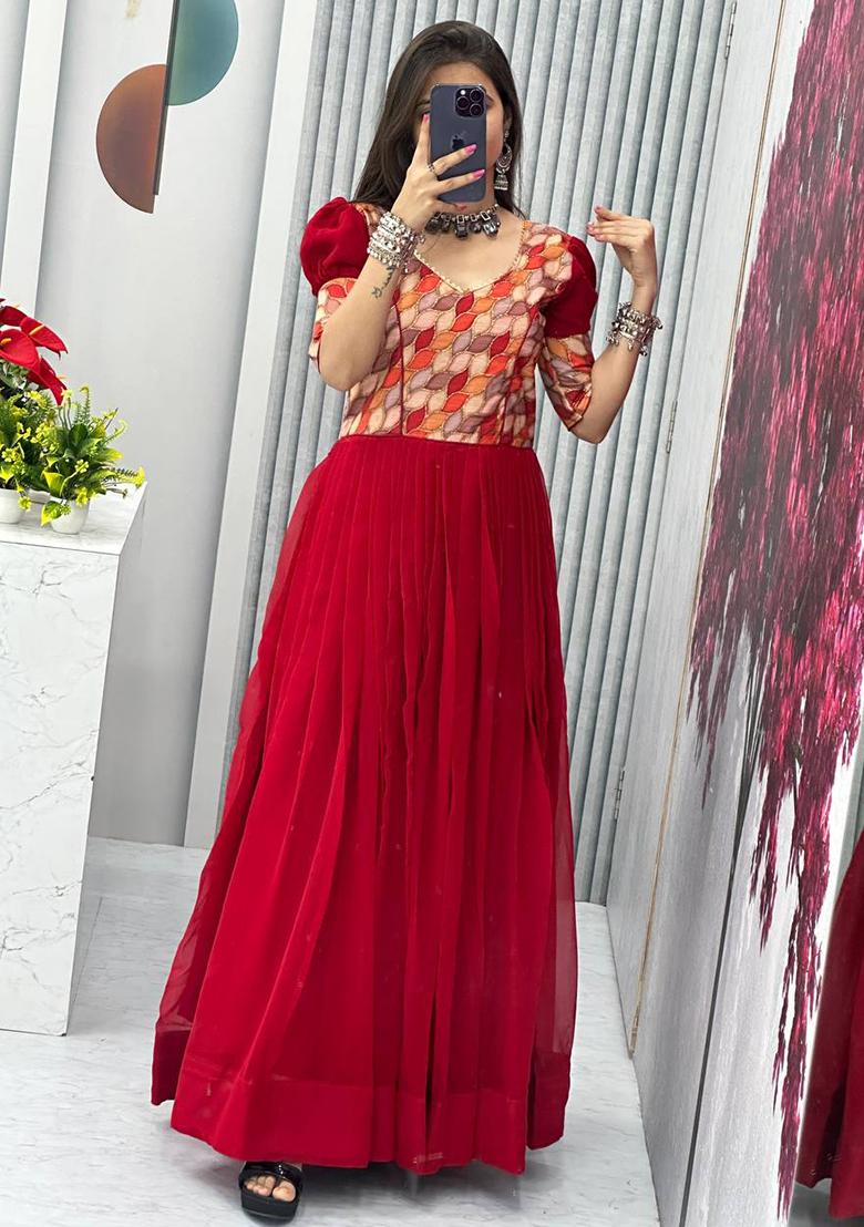 Red Printed Faux Georgette Anarkali Dress - Indya
