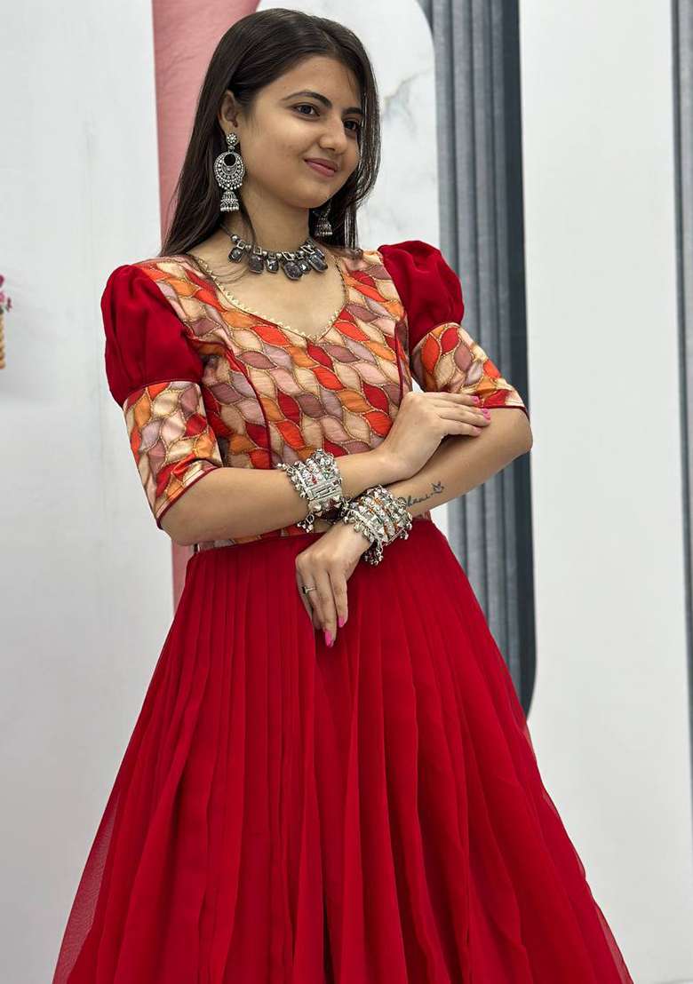 Red Printed Faux Georgette Anarkali Dress - Indya