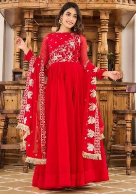 Red Embroidered Faux Georgette Anarkali Dress