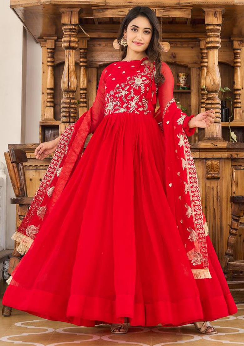 Red Embroidered Faux Georgette Anarkali Dress - Indya