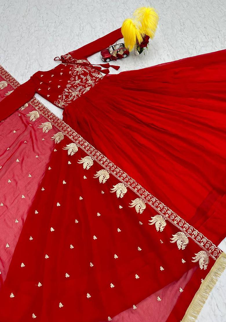 Red Embroidered Faux Georgette Anarkali Dress - Indya