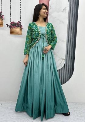 Sky Blue Embroidered Chinon Anarkali Dress