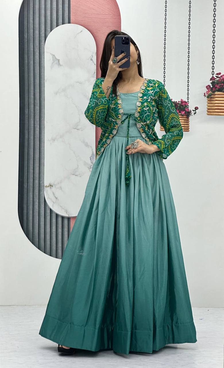 Sky Blue Embroidered Chinon Anarkali Dress - Indya