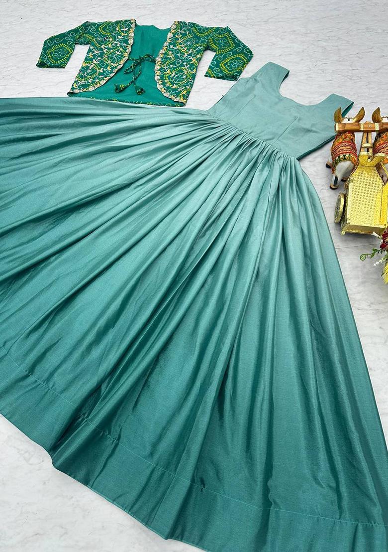 Sky Blue Embroidered Chinon Anarkali Dress - Indya