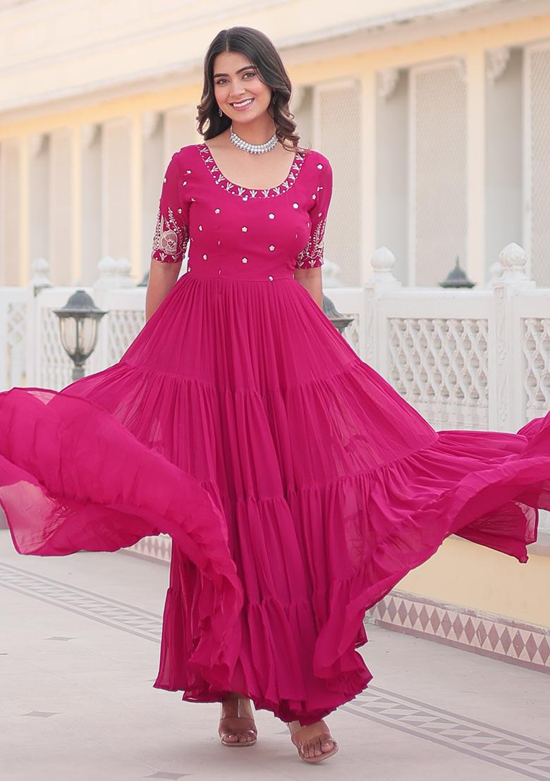 Rani Pink Embroidered Faux Georgette Anarkali Dress - Indya