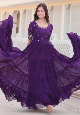 Purple Embroidered Faux Georgette Anarkali Dress