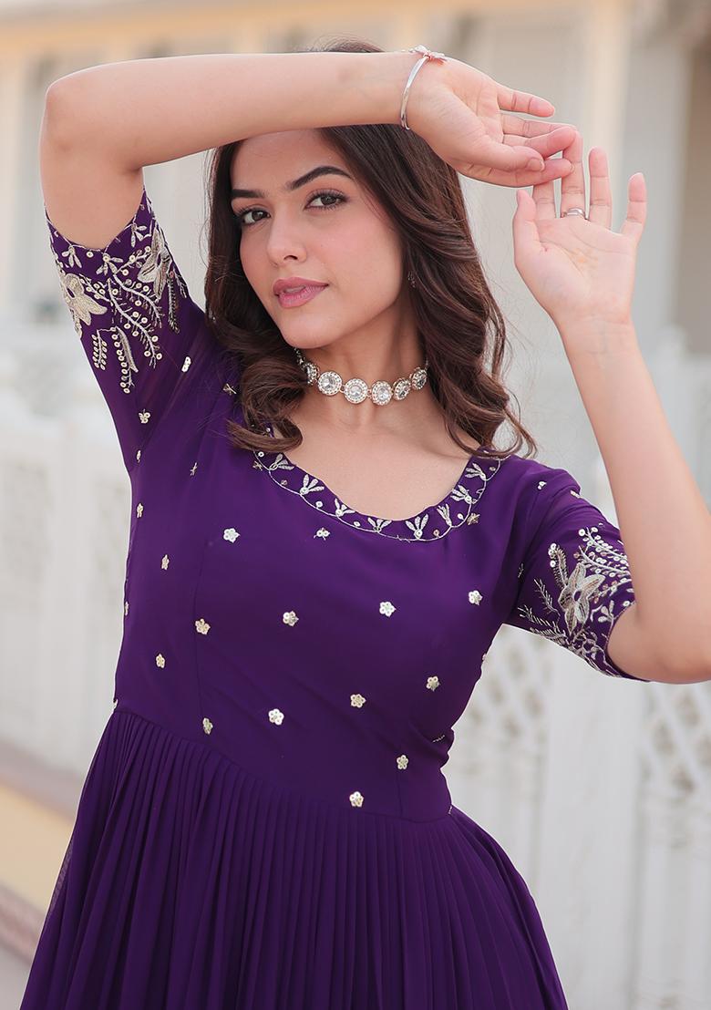 Purple Embroidered Faux Georgette Anarkali Dress - Indya